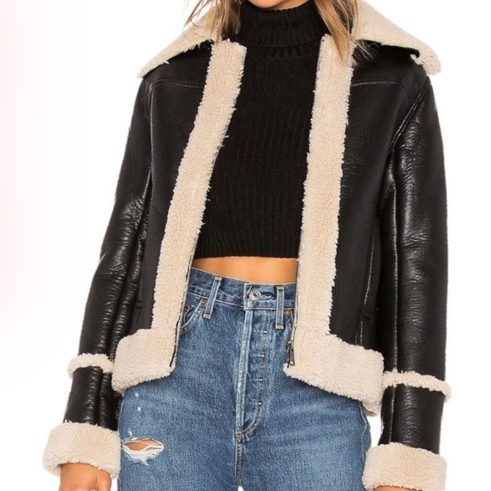 Mother the boxy zip moto faux leather sherpa jacket
